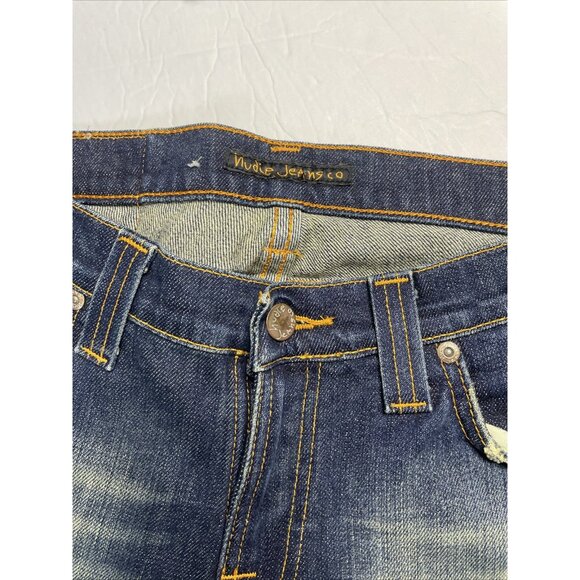 Nudie Jeans Super Slim Kim Mens 32x34 Dark Blue Denim Jeans Slim Straight Leg - Picture 7 of 7